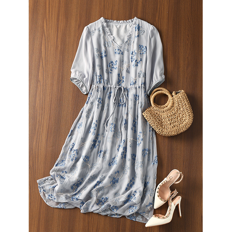 高端真丝乔其纱 重工刺绣桑蚕丝连衣裙中长款女装新款春夏季裙子