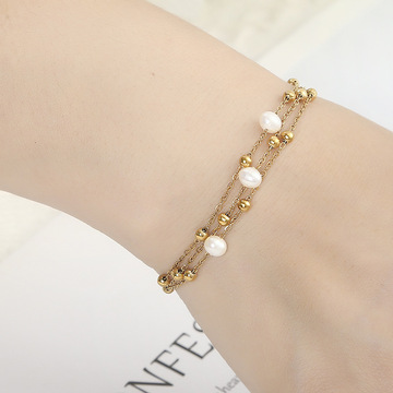 18k金防水耐磨不掉色不锈钢手饰品三排十字链淡水珍珠玛瑙石手链