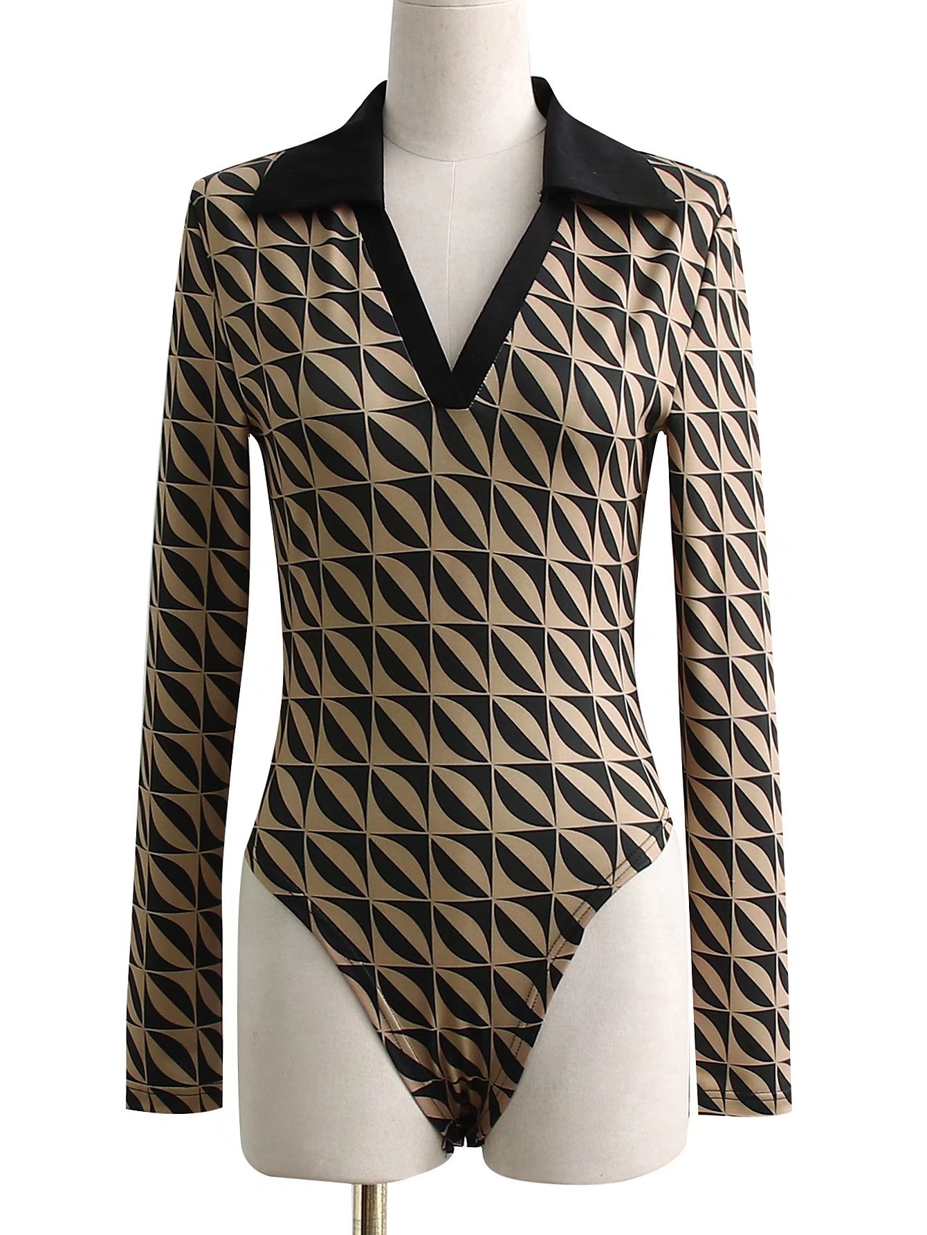 1582-21冬季新款 欧美复古时尚印花翻领拼色修身长袖连体衣打底衫