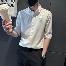 男士衬衫夏季冰丝短袖设计感上衣潮流痞帅七分半袖韩版衬衣感