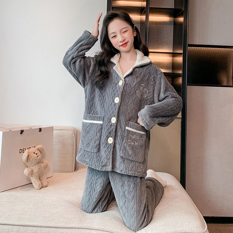 class a children‘s loungewear jacquard gray velvet lapel smiley face 2023 autumn and winter new flannel girls‘ pajamas suit