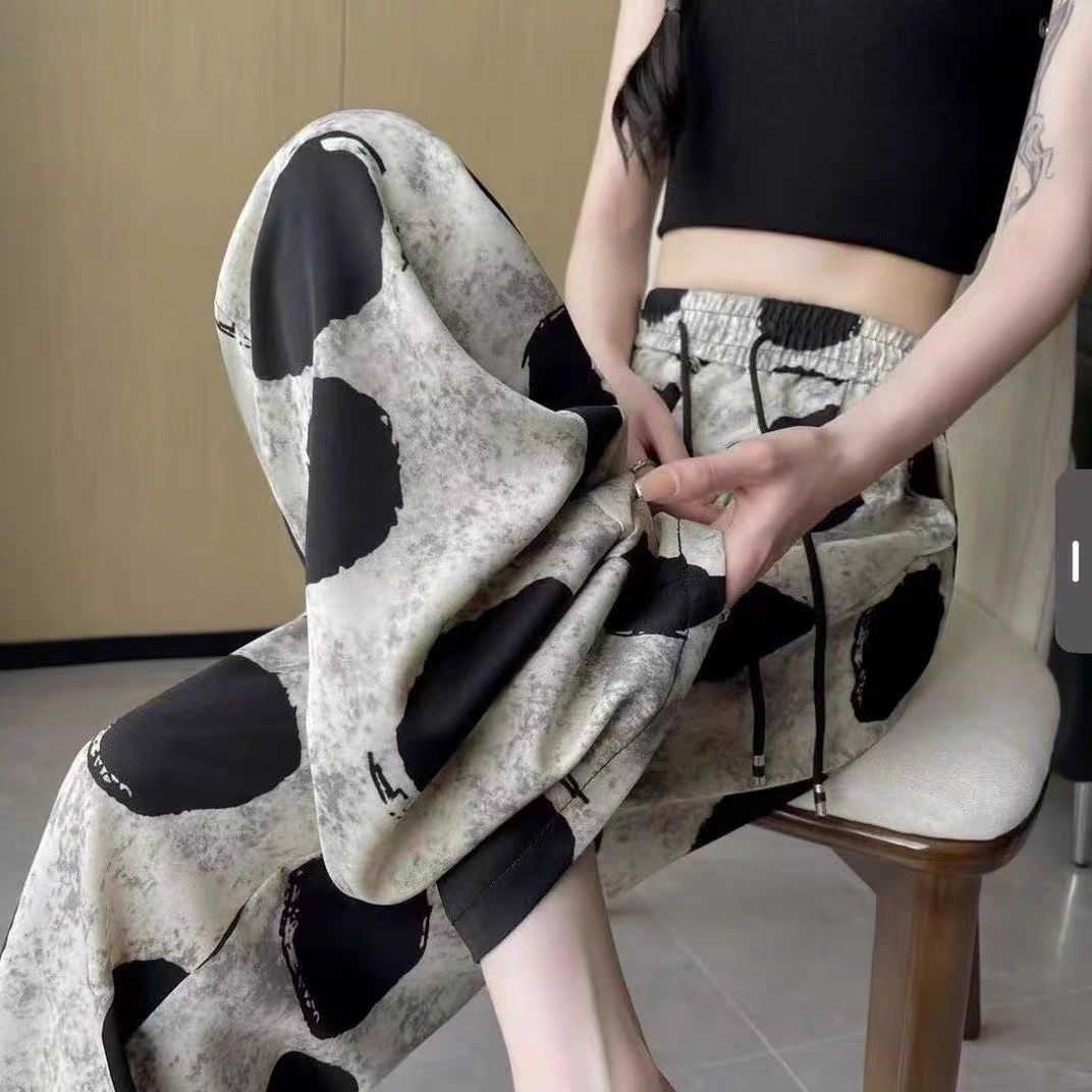 洋气时尚复古波点冰丝阔腿裤女2025新款设计感小众宽松垂感休闲裤