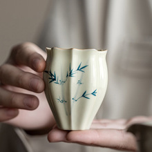 复古家用陶瓷茶杯主人杯功夫茶具佛手品茗杯仿古釉下彩兰竹花朵杯