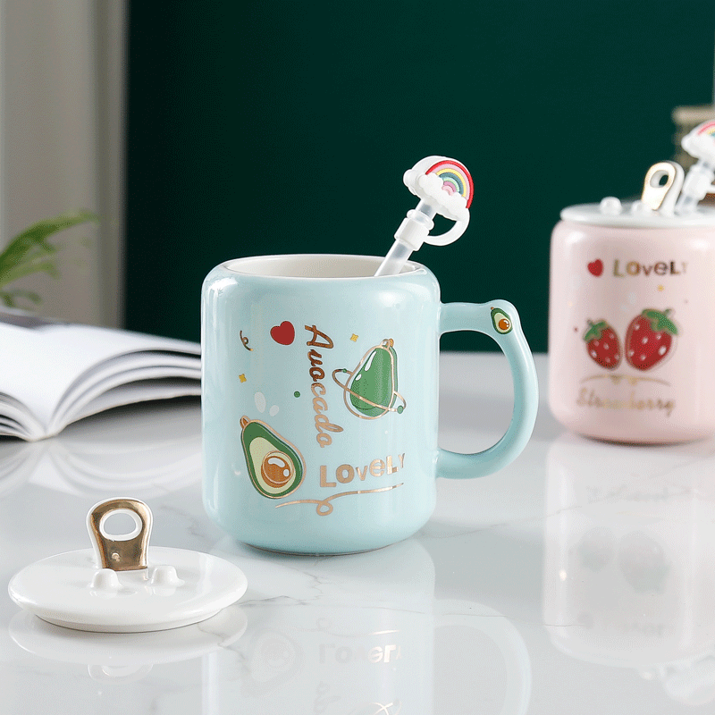 Creative Fruit Cans Ceramic Cup with Straw Good-looking Cute Mobile Phone Holder Water Cup Gift Wholesale Mug