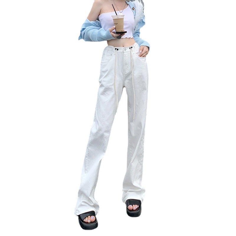 Korean Style White Drawstring Denim Wide-Leg Pants for Women 2023 Spring and Autumn New High Waist Loose Slimming Mop Pants Fashion