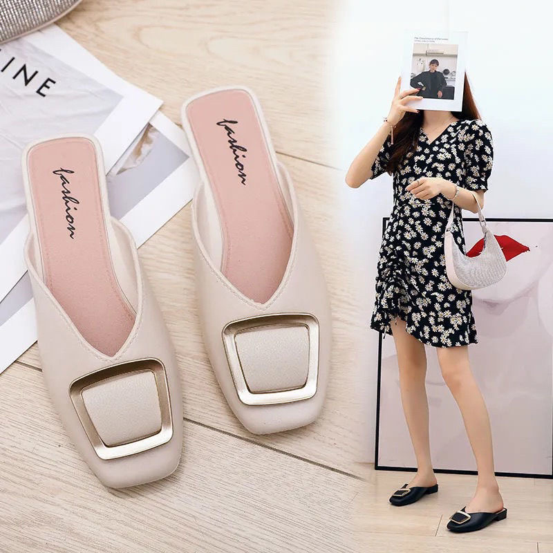 2023 New Muller Flat Heel Buckle Square Toe Lazy Sandals Women's Shoes Square Buckle Closed Toe Half Slippers Women's Fashion Outerwear