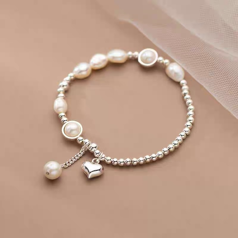 925纯银巴洛克天然淡水珍珠手链女2024新款小众设计爱心银珠手串