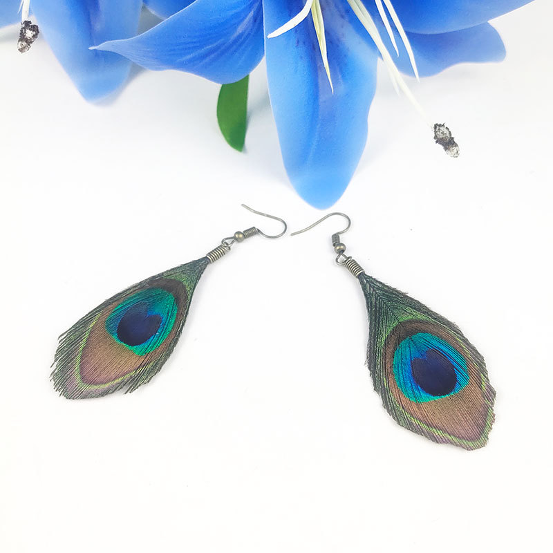倾魅饰品跨境少数民族耳环女天然孔雀羽毛民族风傣族自然耳坠批发