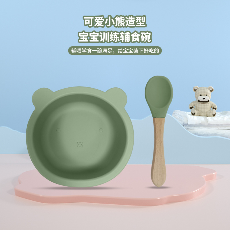 Factory Spot Children‘s Silicone Food Supplement Bowl Infant Drop-Resistant Integrated Tableware Baby Eating Bowl Spoon Set