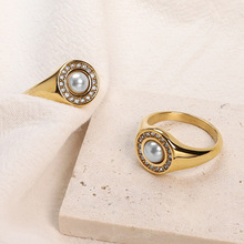 高抛光不锈钢珍珠带钻戒指首饰光滑满钻戒指