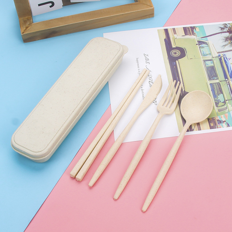 INS Style Travel Portable Tableware Box Set Chopsticks Knife Fork Spoon 4-Piece Set Picnic Camping Portable Tableware