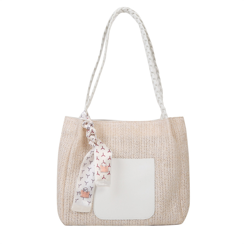 Summer Popular New Fashion Large Capacity Straw Tote Bag Women's Bag 2023 High-Grade Silk Scarf Casual Shoulder Bag