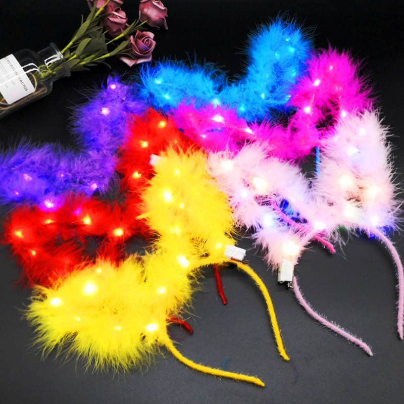 New Luminous 14 Lights Feather Rabbit Ears Lengthened Hairpin Holiday Party Performance Headdress Scenic Spot Stall Goods Wholesale