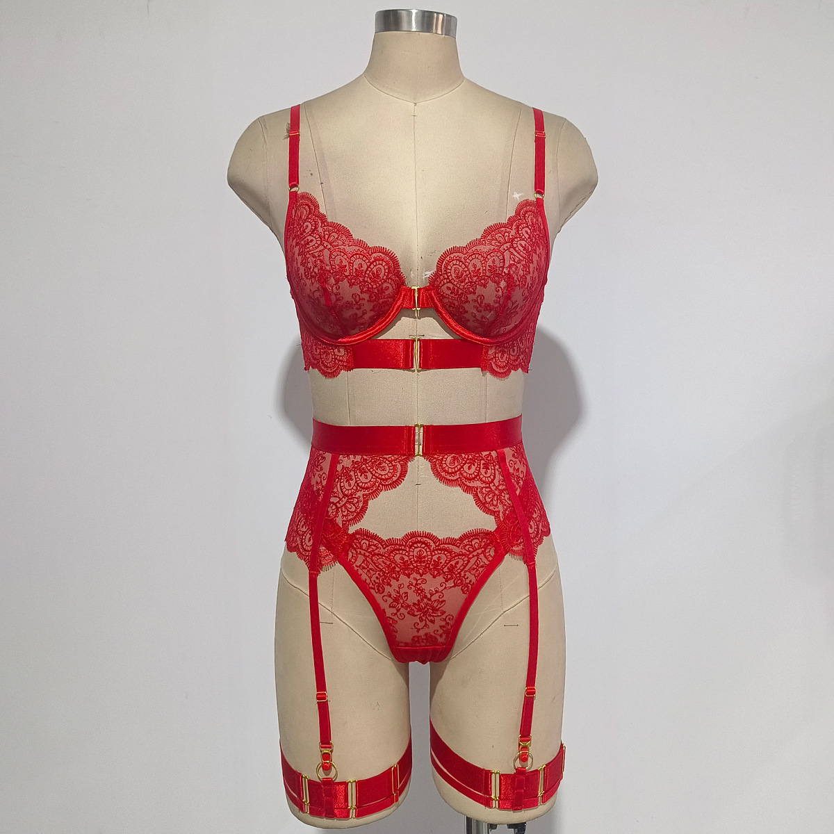 2024 Europe and America Cross Border New Sexy Suit See-through Embroidery Sexy Eyelash Lace Shapewear Four-Piece Set for Women