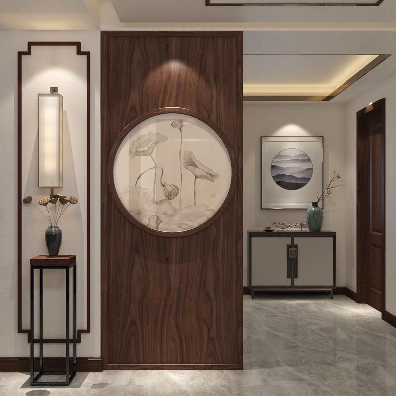 新中式屏风隔断客厅现代简约入户玄关原木实木办公室木质进门