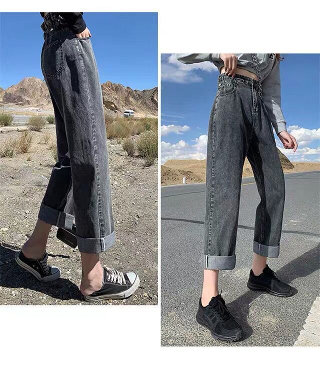 松紧腰直筒牛仔裤女裤子春2021年新款韩版高腰显瘦百搭宽松潮ins