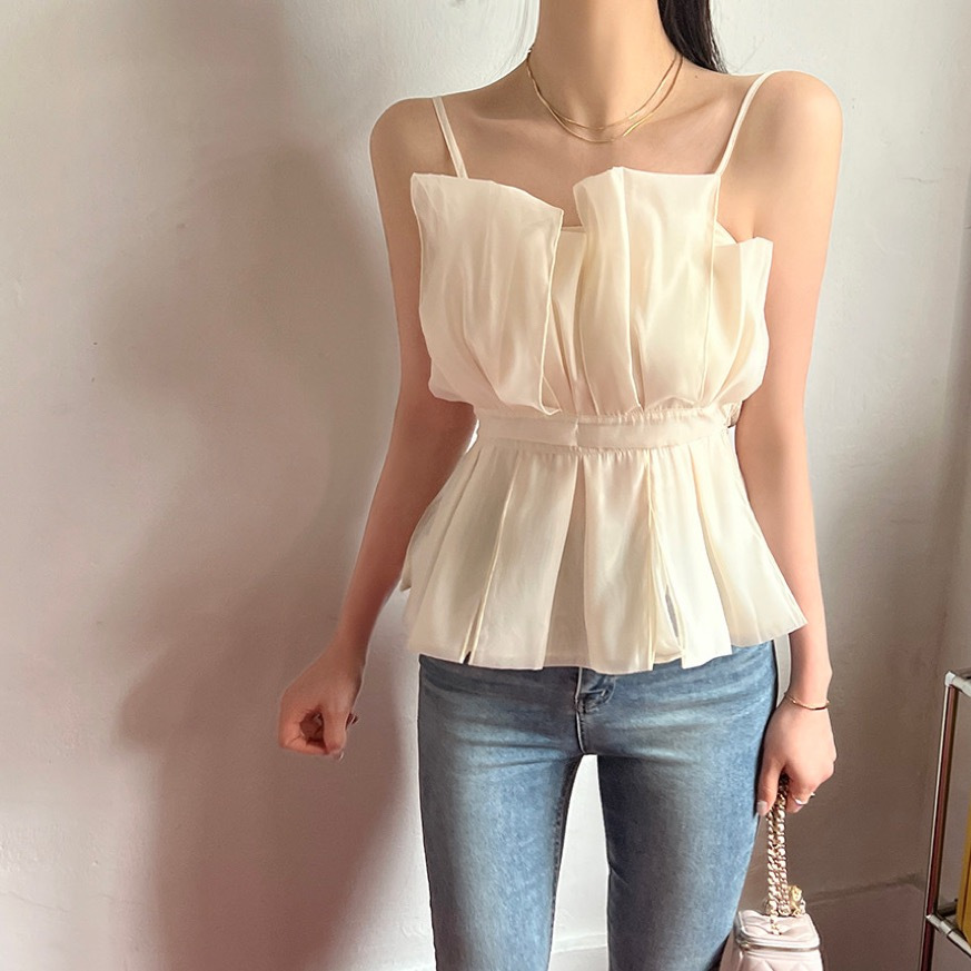 无袖抹胸吊带背心女2024夏季新款外穿裙摆收腰小衫锁骨一字肩上衣