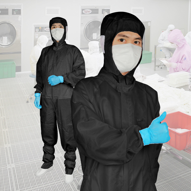 批发黑色耳网条纹无尘服防尘连体服防静电服食品制药车间洁净服
