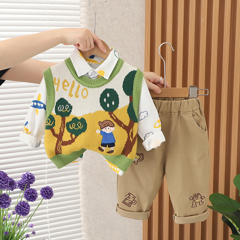 Boy Girl Baby Cardigan Vest Three-Piece Set 2024 New Autumn Suit Fashionable Autumn Clothing Cartoon Suit