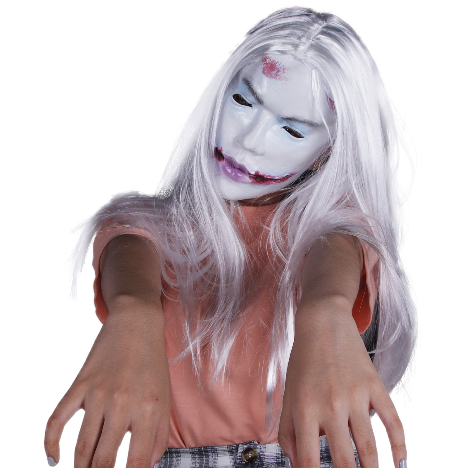 白发魔女面具整人乳胶恐惧鬼脸头套伤疤流血恶魔丧尸万圣节酒吧玩