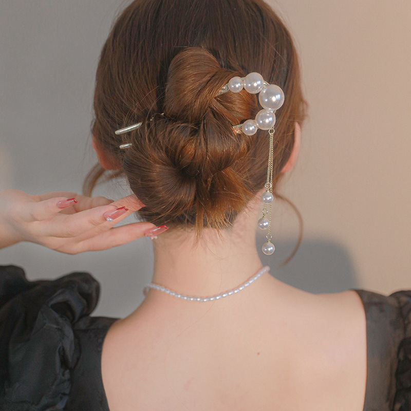古风气质珍珠流苏u型发簪女夏天盘发简约现代高级感发钗簪子配饰