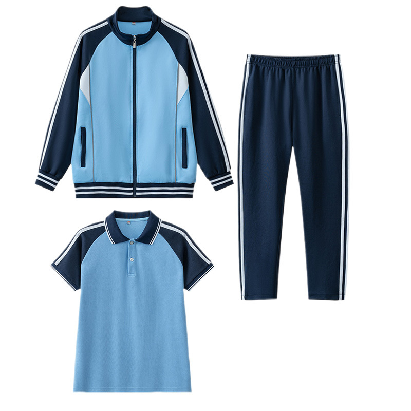 中小学生校服套装长袖南韩丝运动服春秋白配深蓝高中初中生三件套