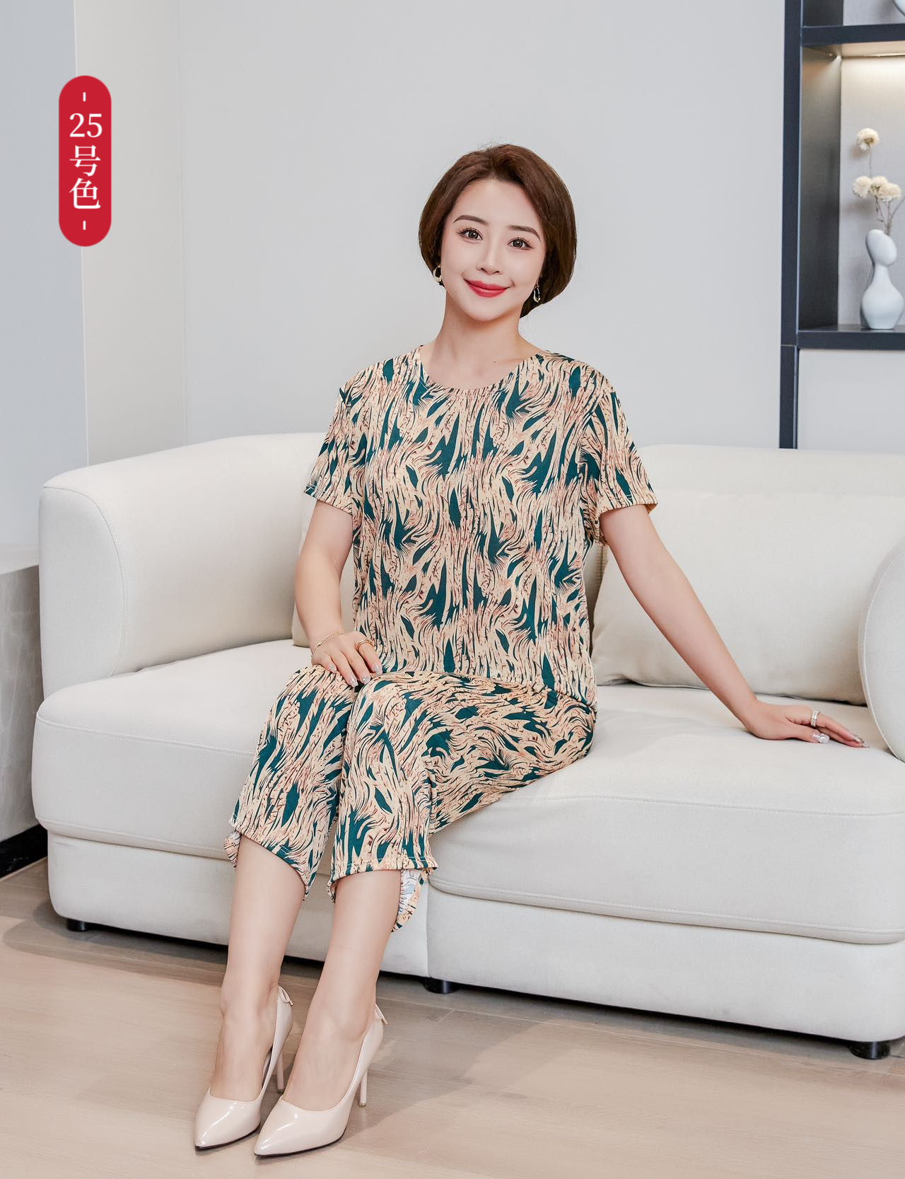 Summer New Ice Silk Mom Suit Middle-Aged and Elderly Women's Clothing Mother's Clothing Large Size plus-Sized Casual Women's Short Sleeve Wholesale