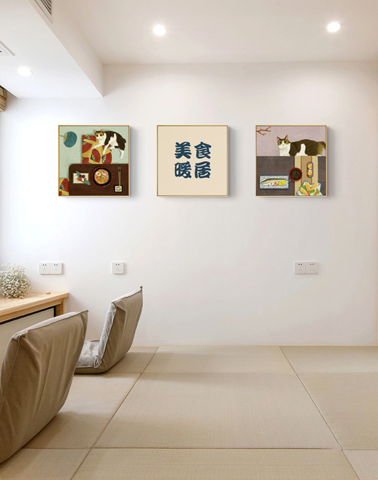 美食暖居 日式风格客厅装饰画可爱猫咪餐厅背景墙挂画正方形壁画
