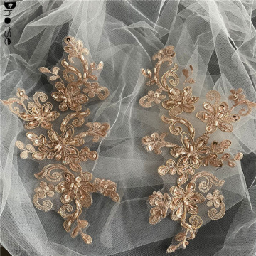 重工手工钉珠婚纱礼服香槟金色银色车股刺绣蕾丝花朵布贴贴花辅料
