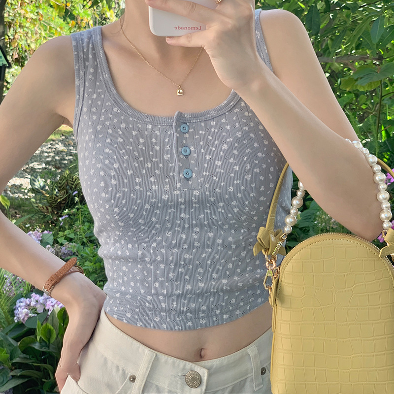实拍内搭针织小吊带无袖打底衫上衣修身碎花短款背心t恤女春60395