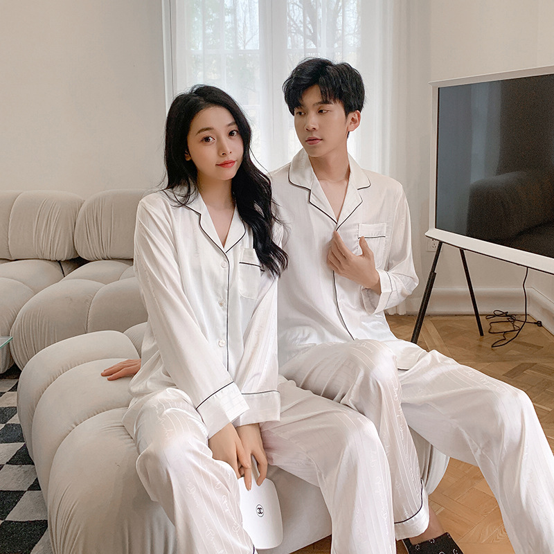 春秋新款情侣睡衣女冰丝长袖开衫丝绸小红书直播高级感网红家居服
