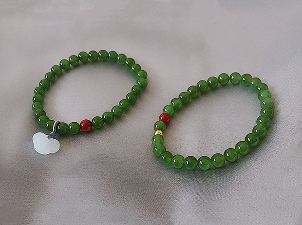 俄罗斯天然菠菜绿碧玉手串搭配南红白玉祥云小滴溜男女款单圈手链