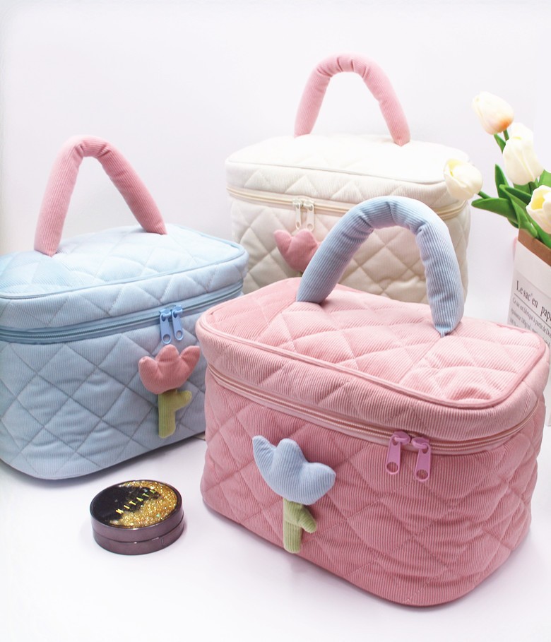 New Corduroy Cosmetic Bag Large Capacity Ins Good-looking Multi-Function Wash Bag Tulip Flower Storage Bag