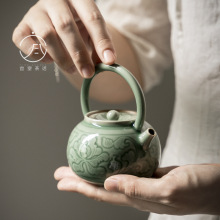 梅子青雕刻牡丹提梁壶泡茶壶过滤小壶 功夫茶具陶瓷单壶龙泉青瓷