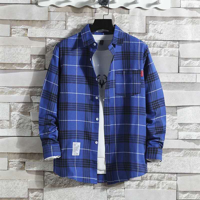 2023 Spring New Men's Shirt Long Sleeve Korean Style Student Trendy Loose Plaid Shirt Spring Coat Men