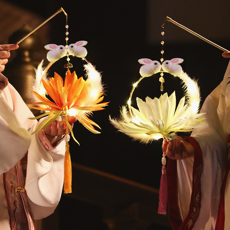 中秋节灯笼玉兔子手工diy材料汉服古风儿童手提花灯挂饰 宫灯装饰