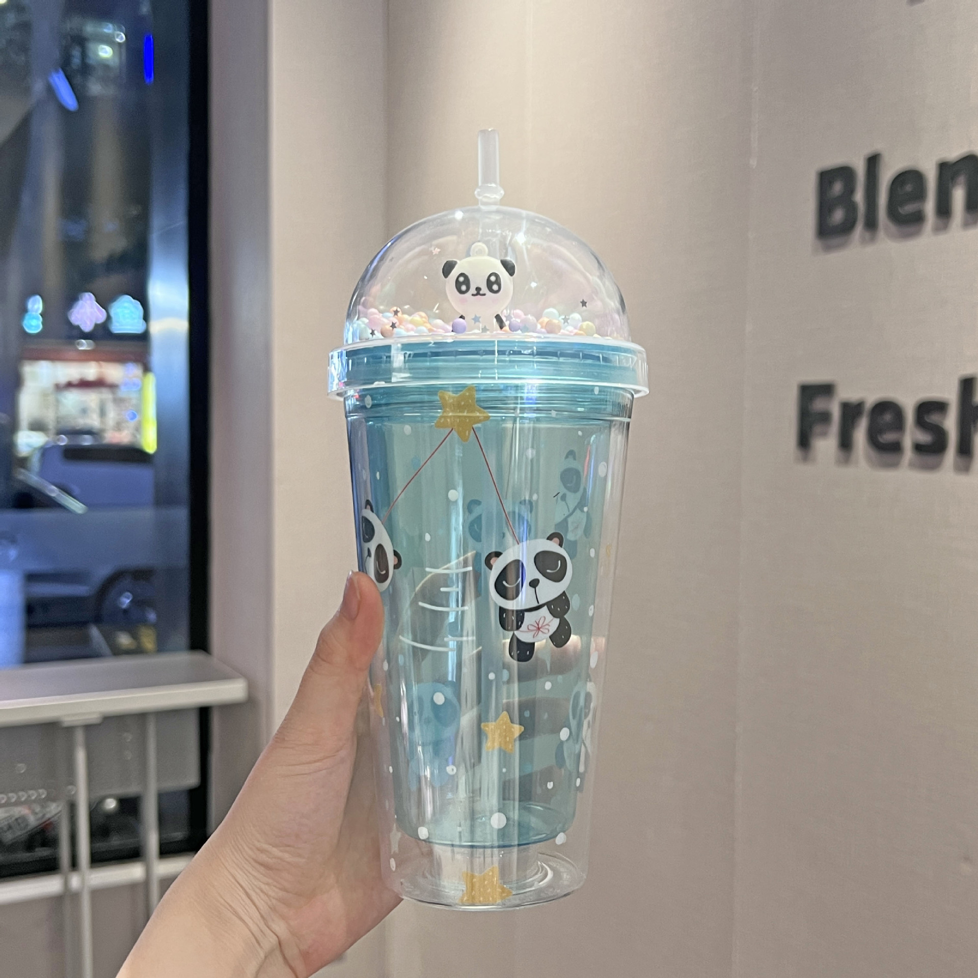 Cross-Border New Arrival Panda Water Cup Double-Layer Ice Crack Crushed Ice Cup Plastic Cup Wholesale Large Capacity Cartoon Portable Straw Cup
