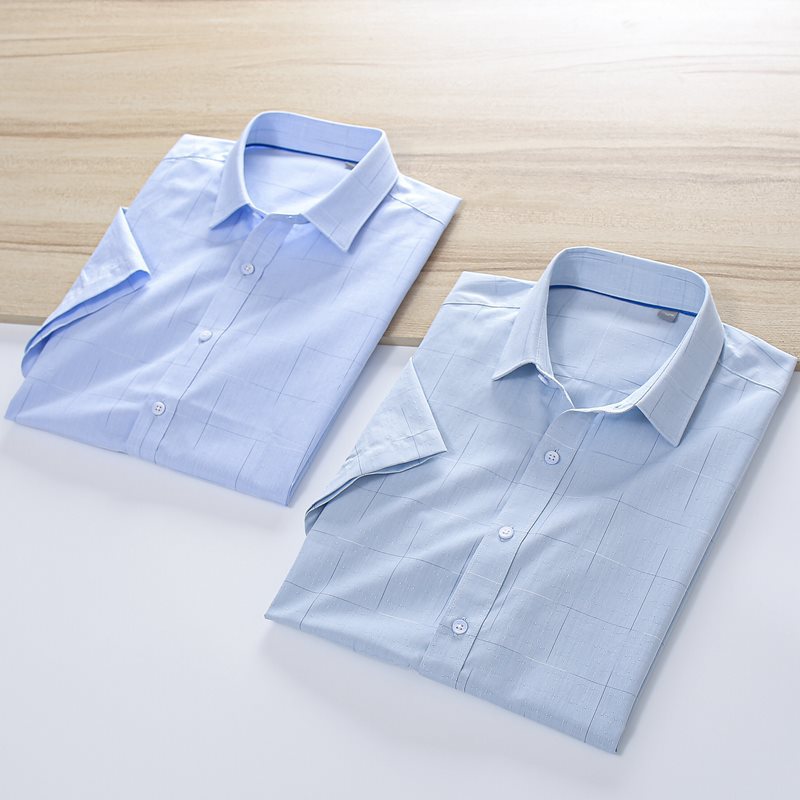 夏季清新格纹短袖休闲衬衫舒适柔软透气青中年剪标短袖男士衬衣