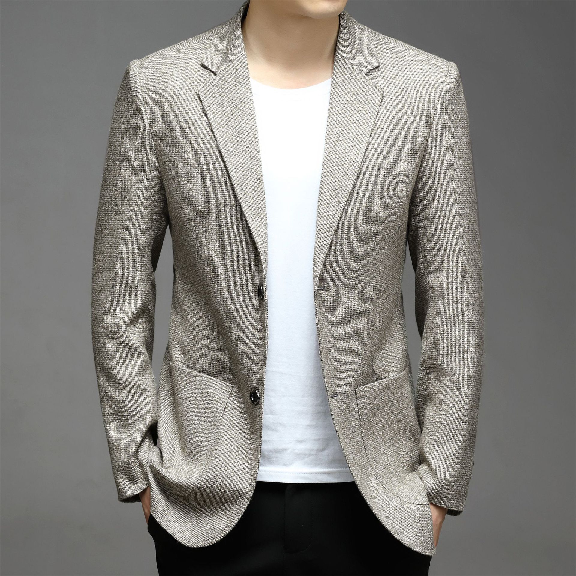 韩版潮流小西服外贸批发 秋季宽松粗纺针织休闲男士礼服西装外套