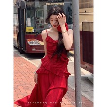 茶歇裙法式复古赫本小红裙设计感小众高级感不规则红色连衣裙长裙