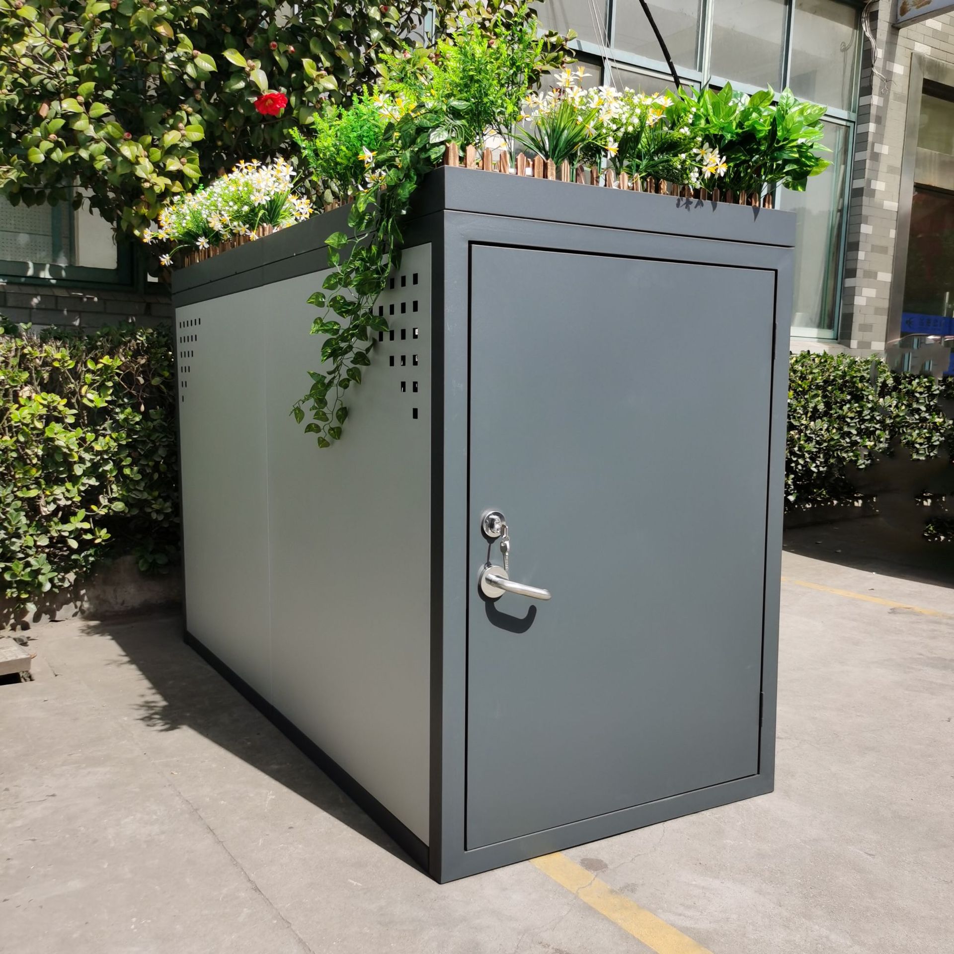 定制自行车箱花园自行车停放箱钣金喷塑带种植盆自行车库bike box