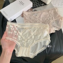 纯欲性感小心机镂空蝴蝶提花蕾丝冰丝少女内裤桑蚕丝裆中腰三角裤