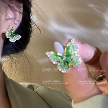 925银针森系绿色水晶蝴蝶耳钉小众设计高级感耳环轻奢精致耳饰女