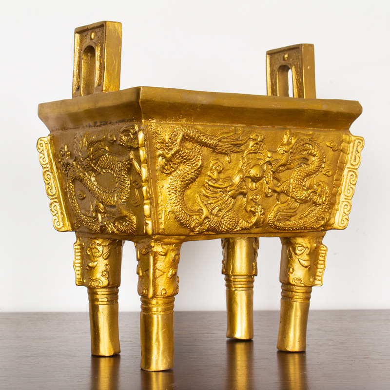 黄铜双龙戏珠铜鼎诚信鼎办公室摆件家用供奉香炉金属工艺品摆件