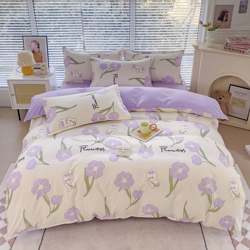 New Pure Cotton Brushed Four-Piece Set Fresh Thickening Bed Sheet Quilt Cover Student Washed Cotton Three-Piece Bedding Set