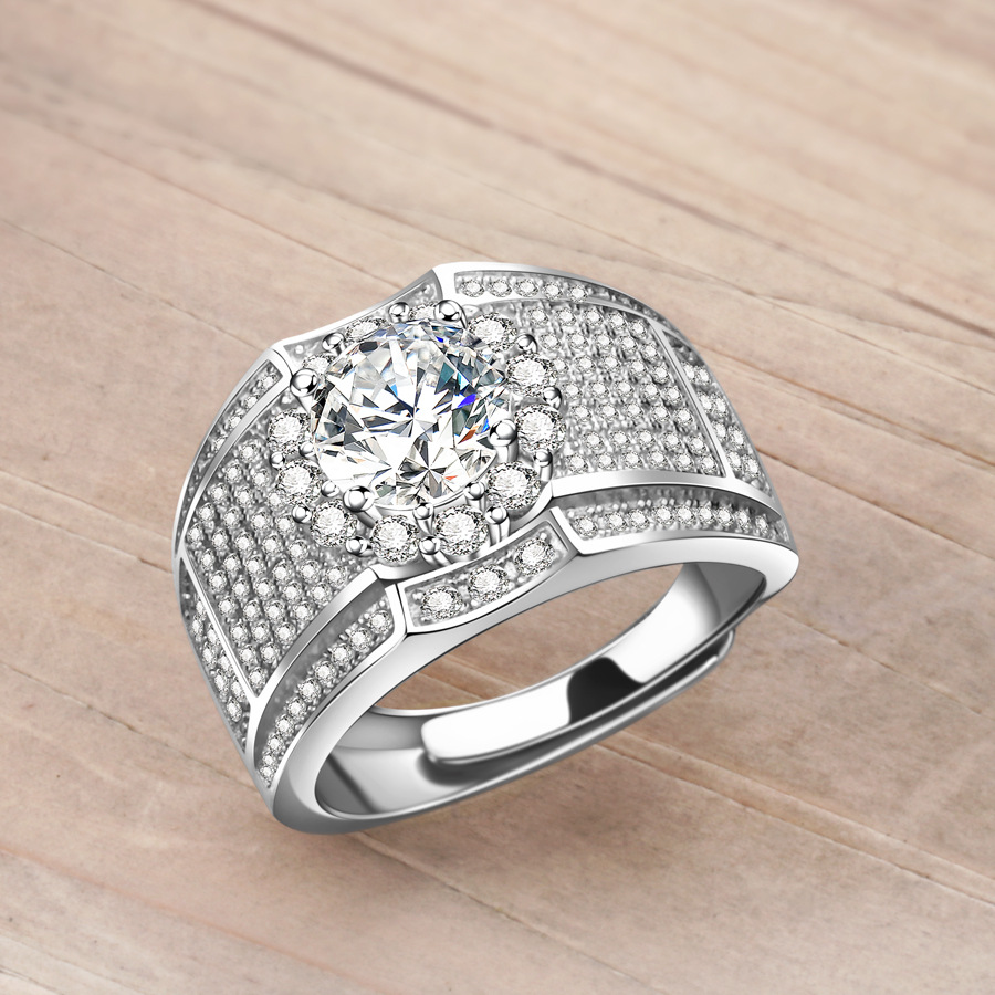 mjz叠口大男戒仿真钻石1.5克拉满天星蜂巢戒指商务潮流壕气钻戒