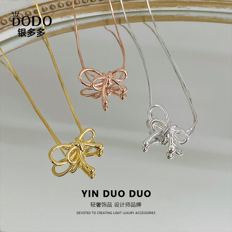 s925纯银韩国韩版蝴蝶结项链女简约网红小红书气质锁骨链甜美项链