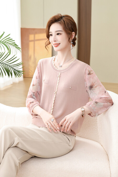 Mom's round Neck Yarn Sleeve Bottoming Shirt Spring and Summer New Western Style Knitted Top for Middle-Aged and Elderly Women Loose Thin T-shirt