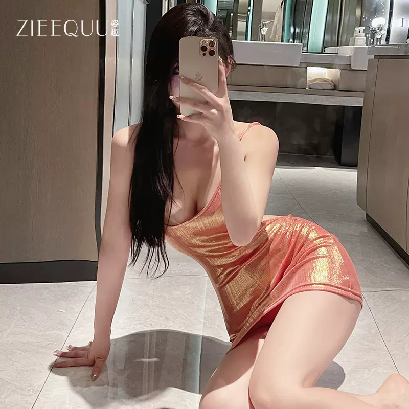 姿趣辣妹性感连衣裙情趣内衣低胸吊带包臀裙露背纯欲薄款亮面6386