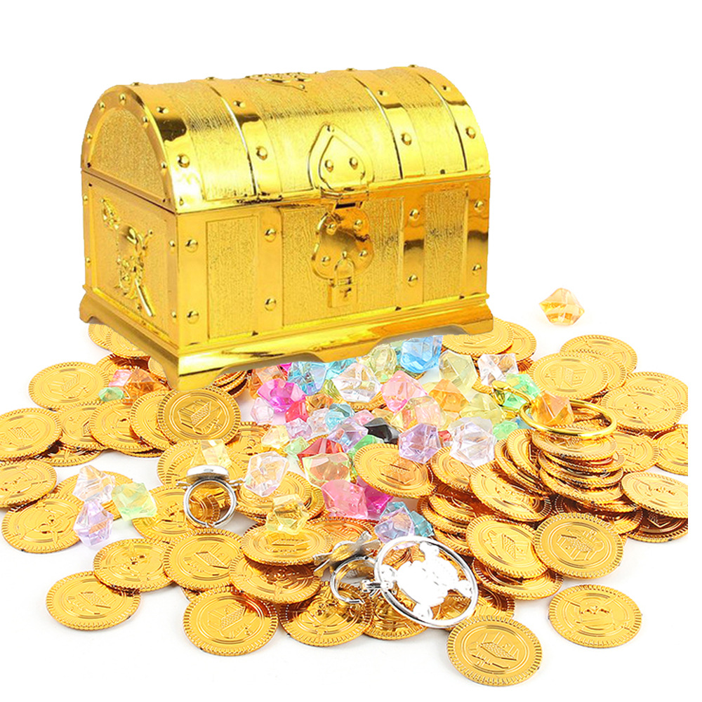 海盗寻宝藏箱儿童宝箱电镀金币美钞复古塑料大号宝箱过家家玩具